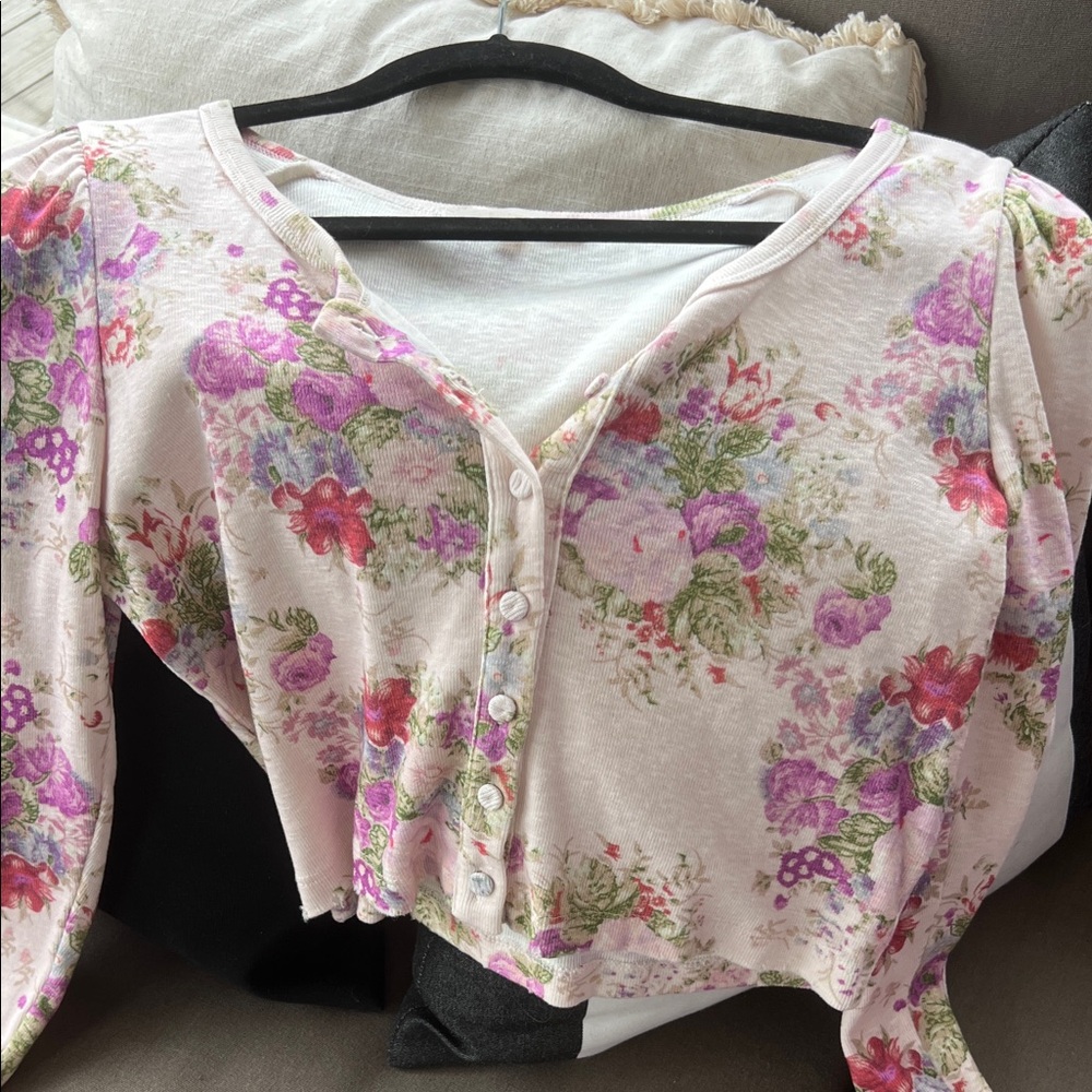 LoveShackFancy Floral Button-Down Shirt in Pink and Purple